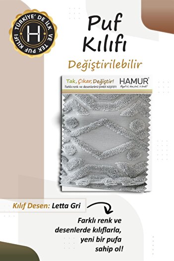 HAMUR Yıkanabilir Puf Tabure Kılıfı Tak-Çıkar-Değiştir-Yenile Orta Sehpa Kılıfı By Letta Gri