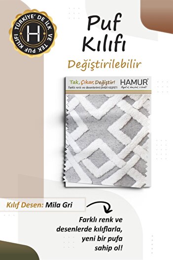 HAMUR Yıkanabilir Puf Tabure Kılıfı Tak-Çıkar-Değiştir-Yenile Orta Sehpa Kılıfı By Mila Gri