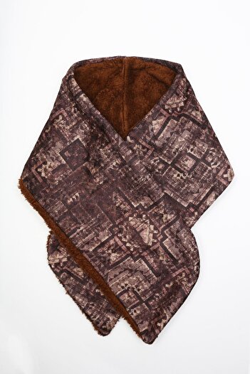 HAMUR Women's Scarf Neck Collar Buttoned Plush Velvet Wein Brown