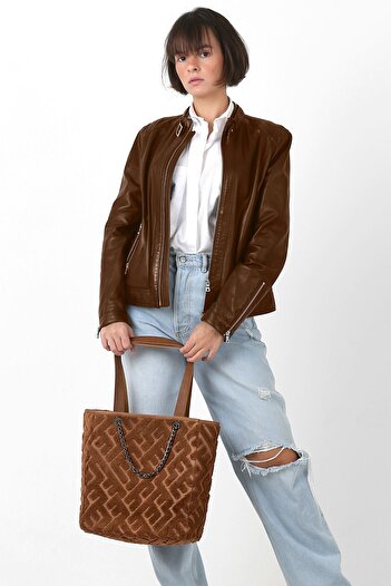 HAMUR Women's Fabric Hand and Shoulder Bag Maze Tan Fur Plush Knitted Handbag