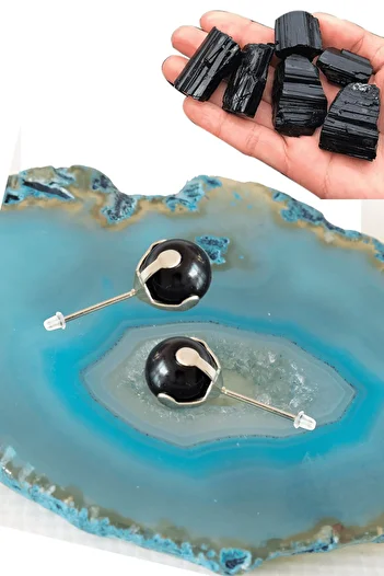 Tesbih Atölyesi Real Black Tourmaline - Certified Point Natural Stone Earrings