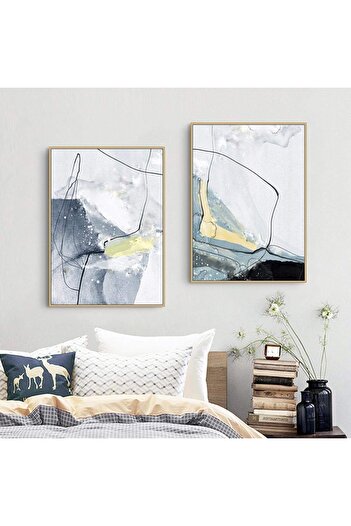 Linacci Double Gold Thin Metal Frame Abstract Blue Glass Poster Painting Set
