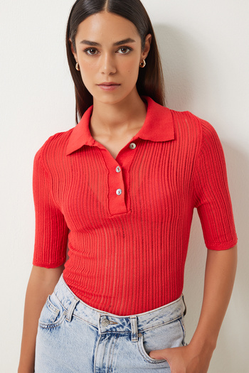 Happiness İstanbul Red Polo Neck Knitwear Blouse - Light and Transparent FN03211