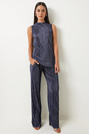 Happiness İstanbul Anthracite Color Women's Knitted Blouse and Palazzo Pants Set - Pleated, Sleeveless FN03192