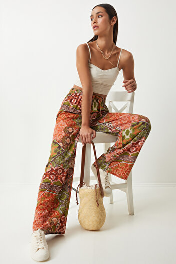 Happiness İstanbul Green Tile Patterned Viscose Women's Palazzo Trousers - EN00606