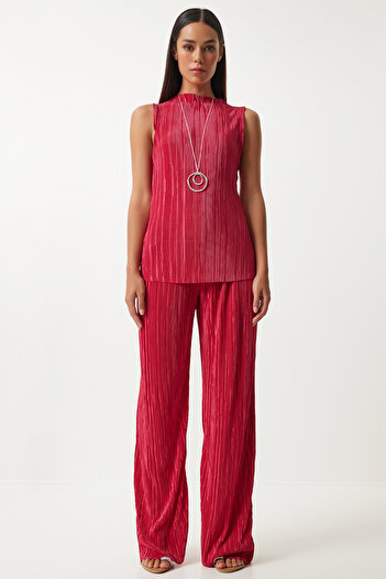 Happiness İstanbul Dark Pink Knitted Blouse and Palazzo Pants Set - Pleated, Sleeveless FN03192