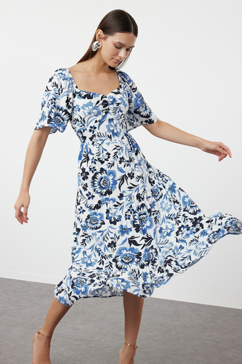 Trendyol Collection Rochie midi albastră cu imprimeu floral în linie A cu mâneci balon - TWOSS20EL2323