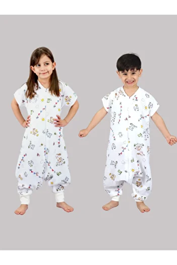 DİDABABY Summer - Short Sleeve - Single Layer Muslin - Farm Pattern Sleeping Bag (Room Temperature 27 Degrees and Above)