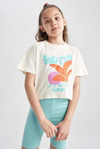 DeFacto Girl's Crew Neck Crop Printed Short Sleeve T-Shirt A1763A823Hs
