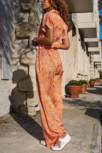Güneşkızı Women's Orange Satin Waist Elastic Waist Pocket Wide Leg Jumpsuit Bst3235