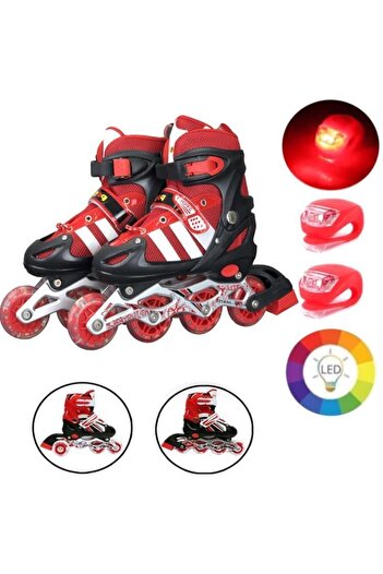 Depomiks Avm Red Luminous Wheel Adjustable Children's Exercise Skating 2 Function Flashing Helmet Knee Pad Set