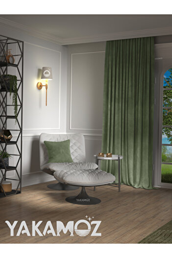 Yakamoz Velvet Appearance Green Island Background Curtain Extra Strength Velvet Touch Series