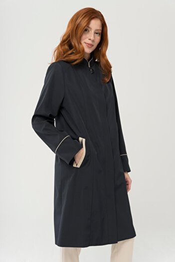 Olcay Trench Coat Judge Collar Garni Detailed Plus Size Navy Blue 4287