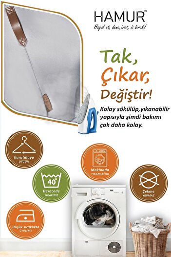 HAMUR Yıkanabilir Puf Tabure Kılıfı Tak-Çıkar-Değiştir-Yenile Orta Sehpa Kılıfı Kc Meek Gri