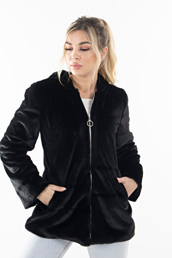 Feminist Fermuarlı Oversize Kapüşonlu Çift Cepli Peluş Mont Siyah 0108078