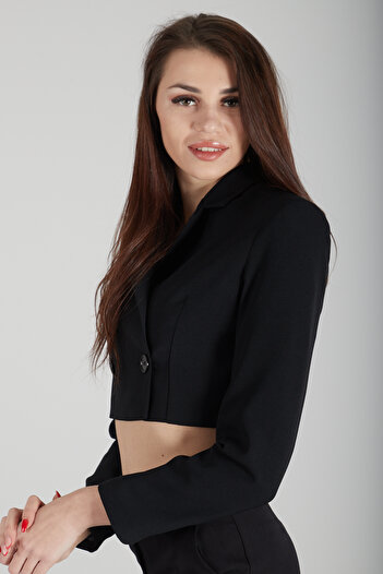 Feminist Astarlı Crop Blazer Ceket Siyah 0105118