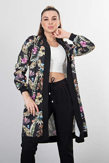 Feminist Flower Patterned Kimono Black with Elastic Detail on the Bracelet and Collar0808993