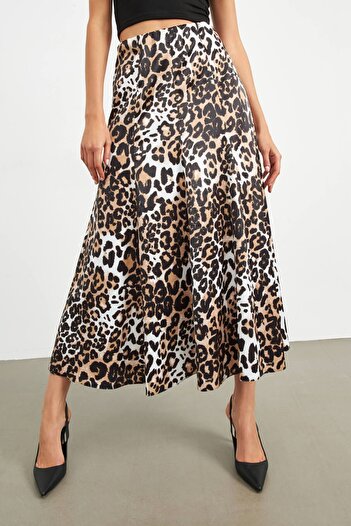STELLA PULVIS Fustă maxi din satin cu talie elastică cu model leopard maro