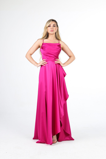 Feminist Slit Detailed Satin Evening Dress Fuchsia4522348