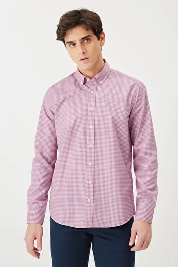 AC&Co / Altınyıldız Classics Pomarańczowa koszula męska slim fit, slim fit, z kołnierzykiem na guziki, bawełniana w kratkę