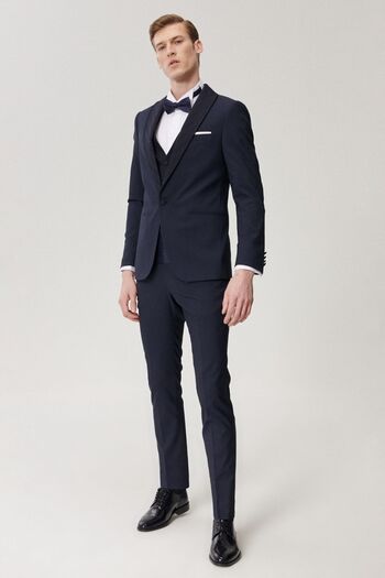 ALTINYILDIZ CLASSICS Ανδρική φόρμα γαμπρού Navy Blue Extra Slim Fit Tuxedo με Γιλέκο