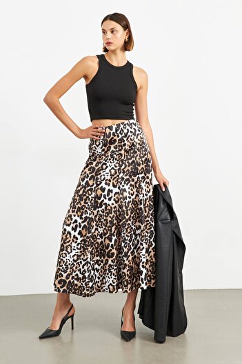 STELLA PULVIS Fustă maxi din satin cu talie elastică cu model leopard maro