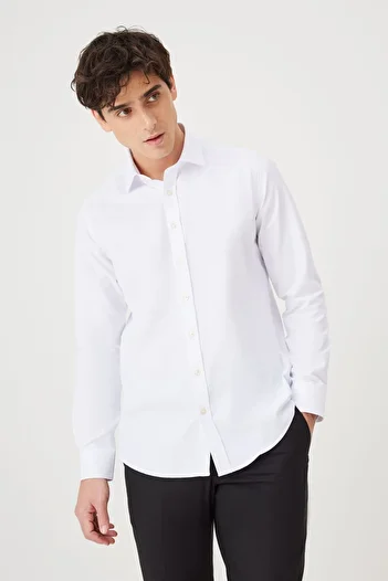 ALTINYILDIZ CLASSICS Men's White Slim Fit Narrow Cut Classic Collar Cotton Dobby Shirt