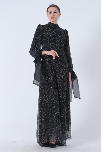 Feminist Stone Embroidered Judge Collar Bow Hijab Evening Dress Black6502462