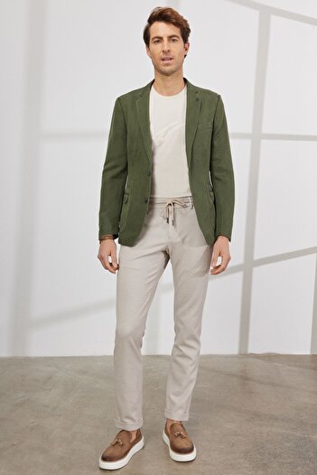 ALTINYILDIZ CLASSICS Men's Khaki Slim Fit Slim Fit Mono Collar Patterned Linen Blazer Jacket