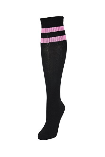 Design Socks Дамски розови раирани памучни чорапи до коляното, черни - Чорапи с шарки