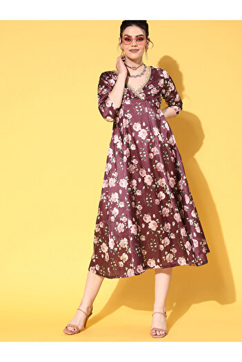 Sassafras By Styli Floral Print V Neck Anarkali Dress