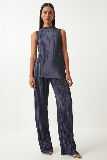 Happiness İstanbul Anthracite Color Women's Knitted Blouse and Palazzo Pants Set - Pleated, Sleeveless FN03192