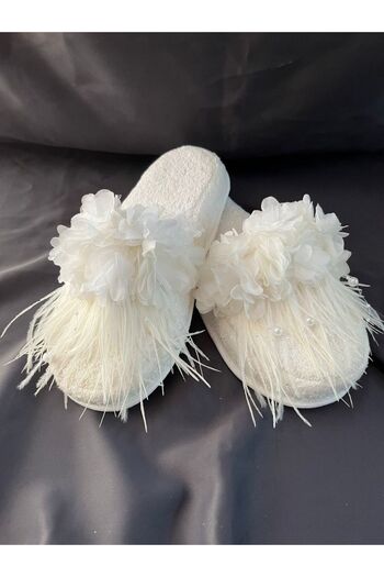 Gelince Alışveriş Feathered Floral Bridal Slippers, Slippers – Slippers – Slippers – Slippers