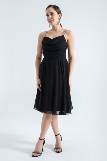 Lafaba Women's Black Stone Strap Midi Evening Dress