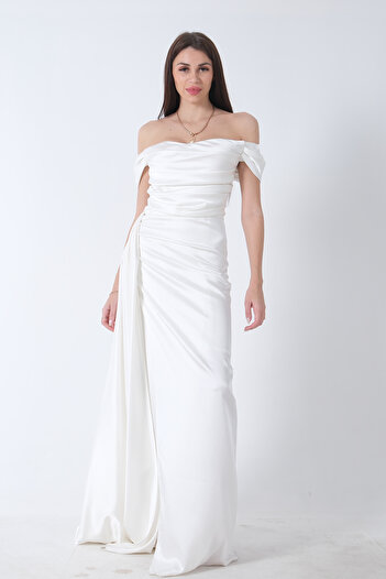 Feminist Drape Detaylı Saten Kumaş Abiye Elbise Ekru 9704858