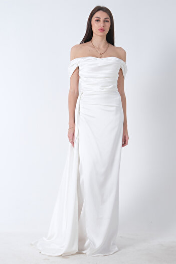 Feminist Drape Detaylı Saten Kumaş Abiye Elbise Ekru 9704858