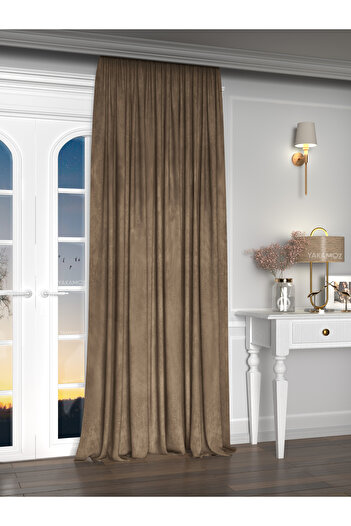 Yakamoz Velvet Look Cashew Color Island Background Curtain with Extra Strength Velvet Touch Series