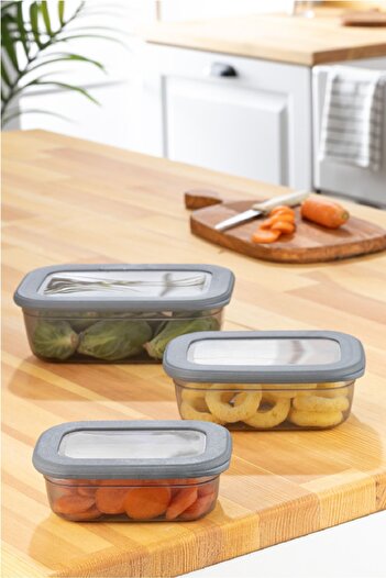 Vienev 3-Piece Poly Rectangular Shallow Storage Container Set Anthracite 1x(400, 670, 1200 ml)