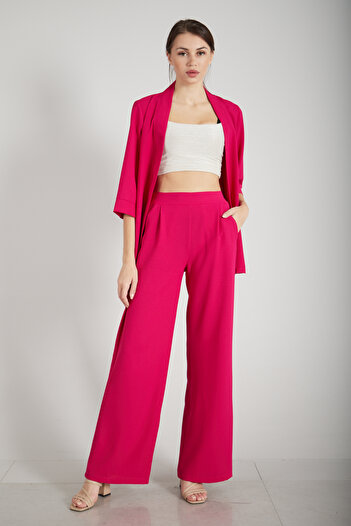 Feminist Kimono Pantolon Ikili Krep Takım Fuşya 0106314