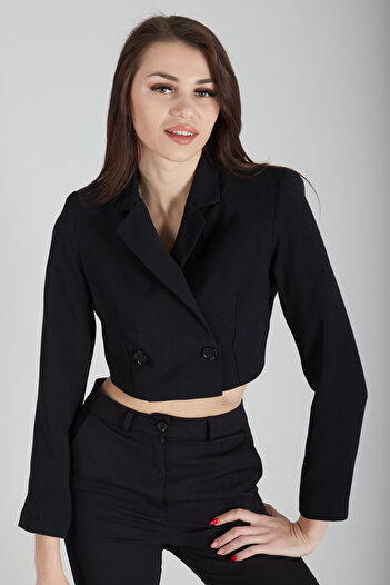 Feminist Astarlı Crop Blazer Ceket Siyah 0105118