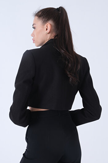 Feminist Kruvaze Yaka Kaşe Crop Astarlı Blazer Ceket Siyah 0105125