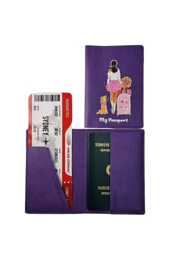 Smyrna Acar Mira Thermo Leather Printed Passport Cover Passport Holder Travel Wallet Dark Purple
