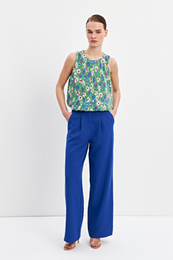 STELLA PULVIS Mavi Yüksek Bel Wide Leg Krep Pantolon