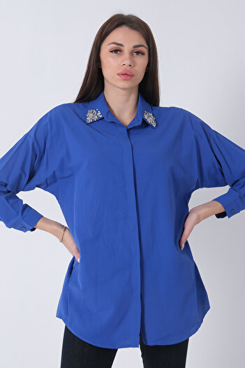 Feminist Yakası Taş Detaylı Gömlek Saks 3972505