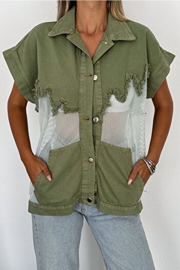 FEMELLE Khaki Colored Women's Jean Denim Vest - Tassel and Pocket Design