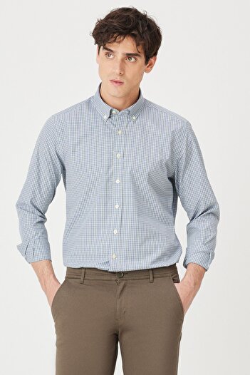 AC&Co / Altınyıldız Classics Men's Green Slim Fit Narrow Cut Button Collar Cotton Checked Shirt