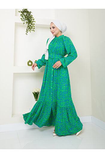VOLT CLOTHİNG Gemustertes Hijab-Kleid – Damen, vorherrschender Kragen, Taillengürtel