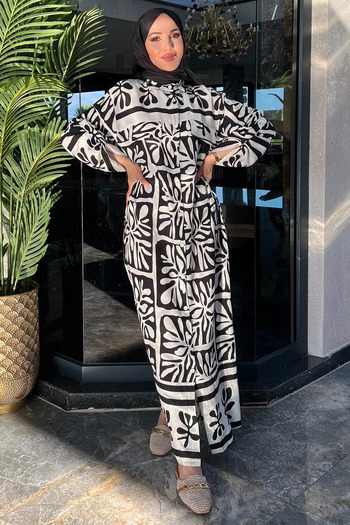 julude Patterned Viscose Hijab Dress - Neck Buttoned, Black