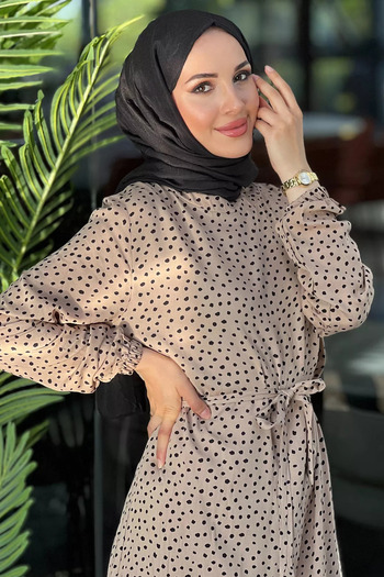 julude Beige Viscose Dress - Ankle Elastic, Belted and Hijab Polka Dot