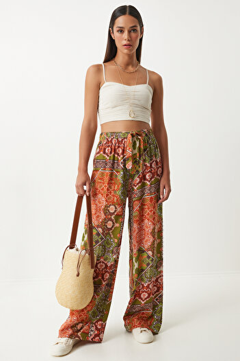Happiness İstanbul Green Tile Patterned Viscose Women's Palazzo Trousers - EN00606